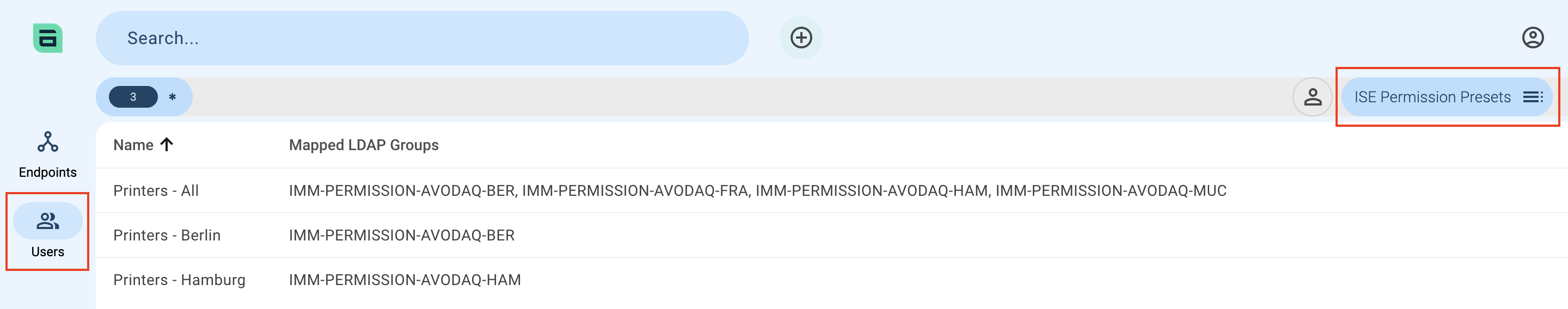 ISE Permission Presets View