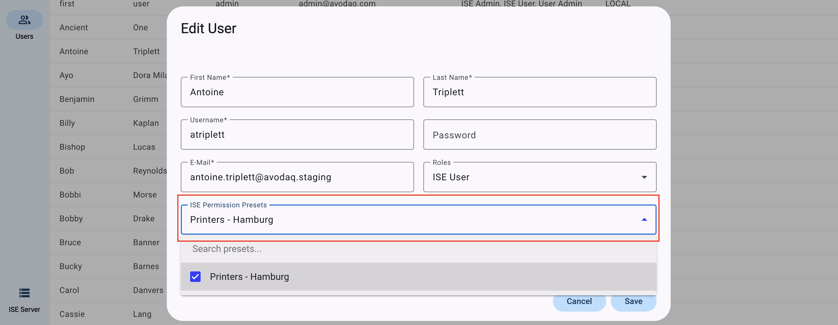 Apply ISE Permission Presets directly to a user